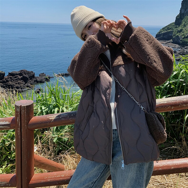 时尚咖色羊羔毛拼接保暖羽绒服女2025冬季新款显瘦加厚白鸭绒外套,女装羽绒服,慧尚2-185
