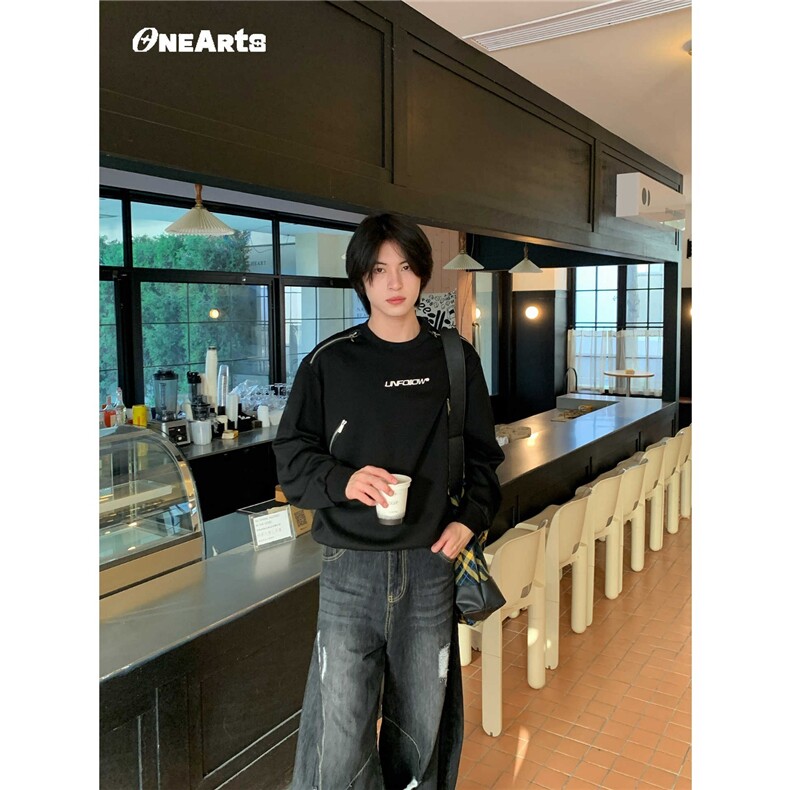 春季时尚圆领设计感拉链装饰长袖美式高街机能风宽松休闲卫衣,男装卫衣,星座506A