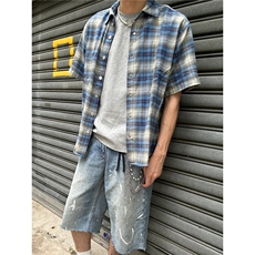 美式复古慵懒格子情侣衬衫男女夏季短袖宽松休闲外套CDA01-P34，男装T恤，星座208-5