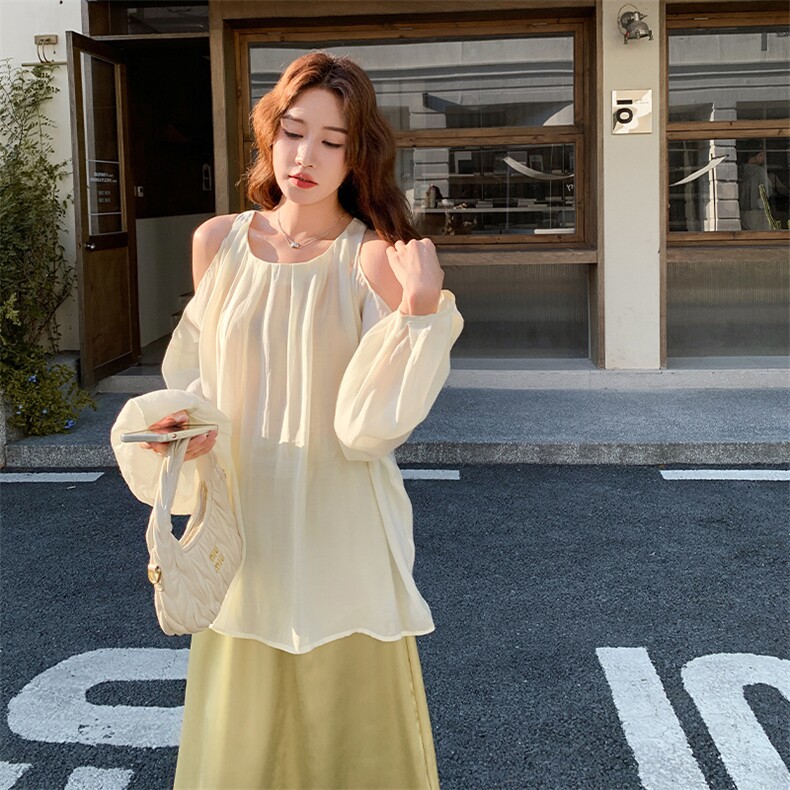 法式优雅高级感套装女2025秋季新款气质露肩上衣缎面半身裙两件套,女装连衣裙,2C123