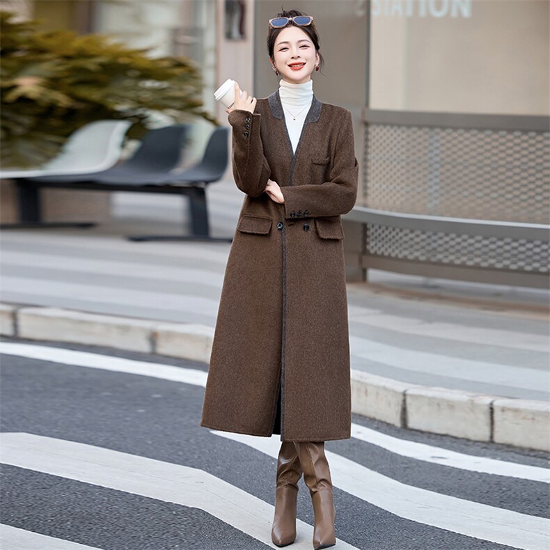 【现货主推款】25年冬装新款宽松舒适版型气质拼色羊绒大衣,女装羊绒大衣,尚娜萱