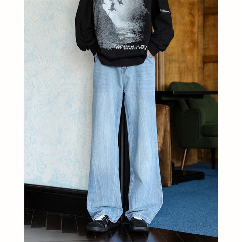 水洗蓝闪电纹微喇牛仔裤男款美式复古cleanfit裤子高街潮牌直筒裤，男装牛仔裤，星座506A