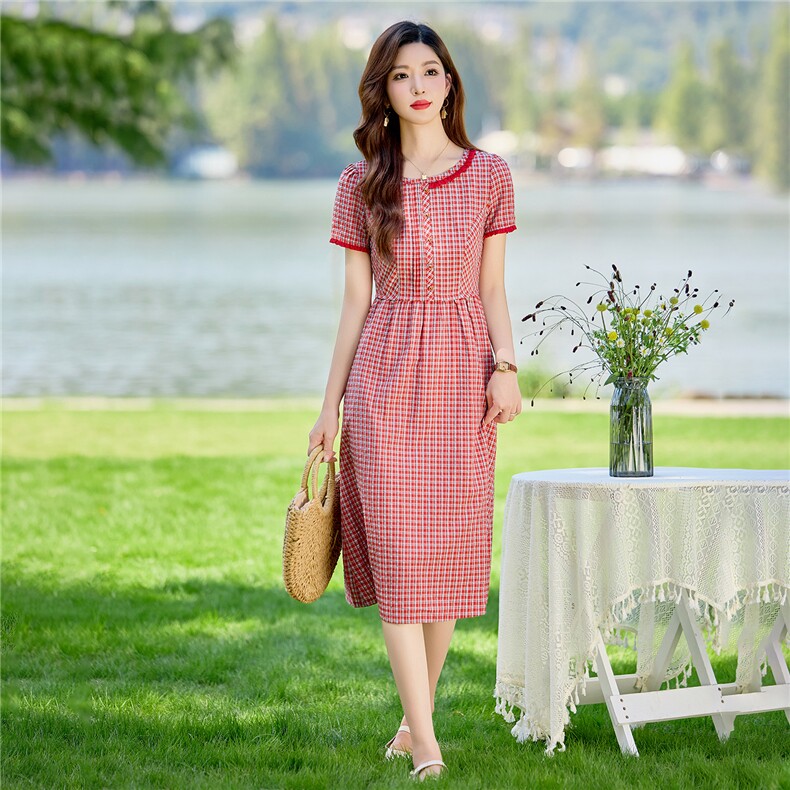 淑女风格纹连衣裙女春夏收腰显瘦中长裙格子裙子,女装连衣裙,水衣源
