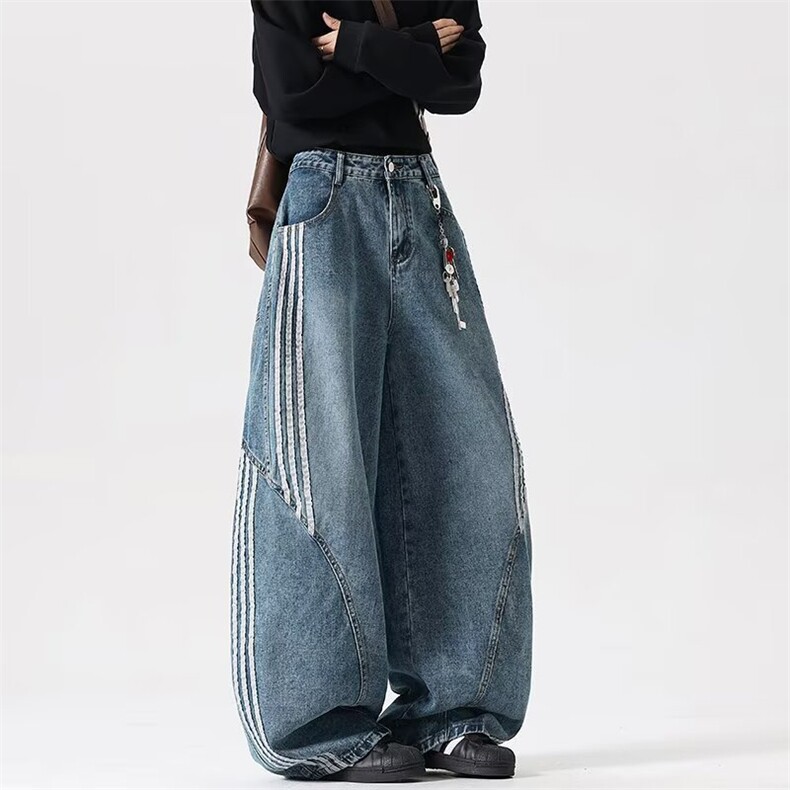 大码胖mm解构弯刀牛仔裤男女宽松条纹拼接阔腿坠感长裤RK3197-P53，男装牛仔裤，星座412-3