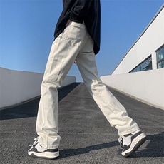 白色高弹力牛仔裤男冬季美式hiphop高街vibe修身直筒微喇工装裤子，男装休闲裤，电商A063