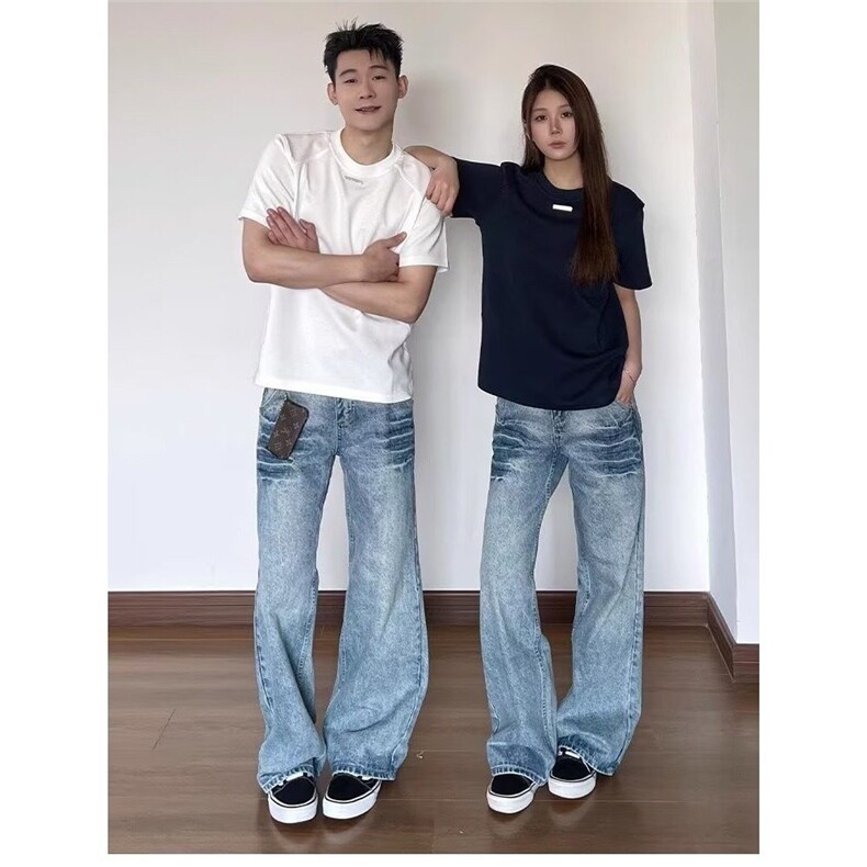 闪电纹冰蓝色牛仔裤男款美式微喇情侣裤子cleanfit修身显瘦直筒裤,男装牛仔裤,星座603-2