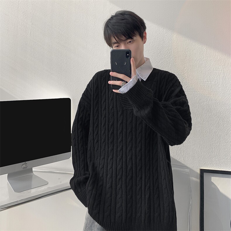 假两件衬衫领毛衣男秋冬宽松慵懒风韩系麻花针织衫外套MY19003P78,男装针织衫/毛衣,电商B312