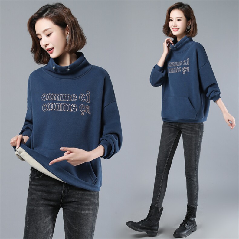 2024年秋季新款潮韩版高领加绒加厚磨毛刺绣卫衣上衣女士打底衫棉，女装卫衣/绒衫，简韵佳