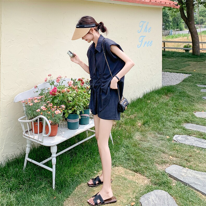 【新款现货】灰色抽绳坎袖衬衣短裤两件套F550-P125-K188,女装套装/套裙,2C255