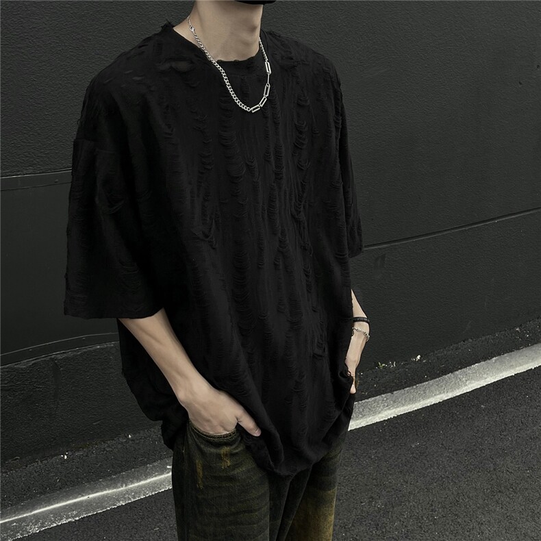 主推高质量夏季破洞短袖重磅情侣t恤男设计感宽松上衣D247P30,男装T恤,电商A335-1（原A458）