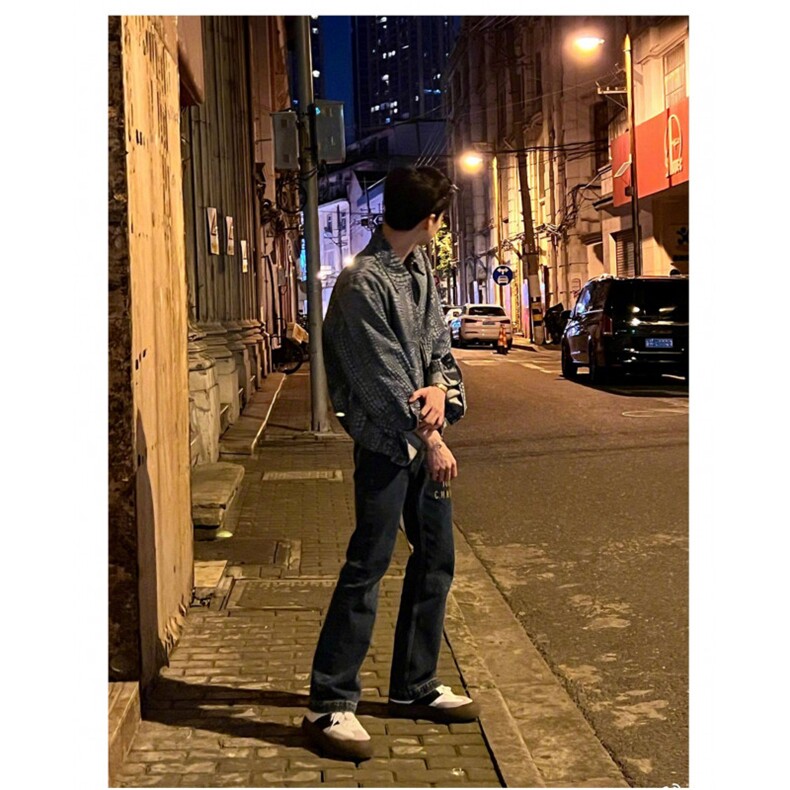 白敬亭同款春秋牛仔外套南瓜图案波点高级夹克男女拉链宽松休闲潮,男装工装外套,四季星座505