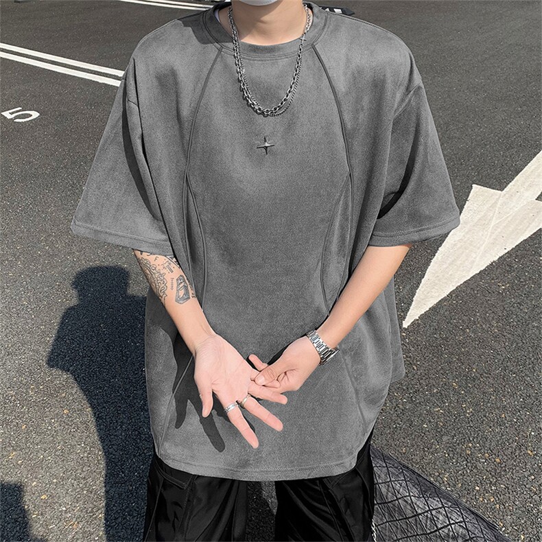 美式高街解构反光条宽松短袖t恤男生夏季潮牌复古麂皮绒上衣情侣,男装T恤,星座505-2（原电商A260-1)