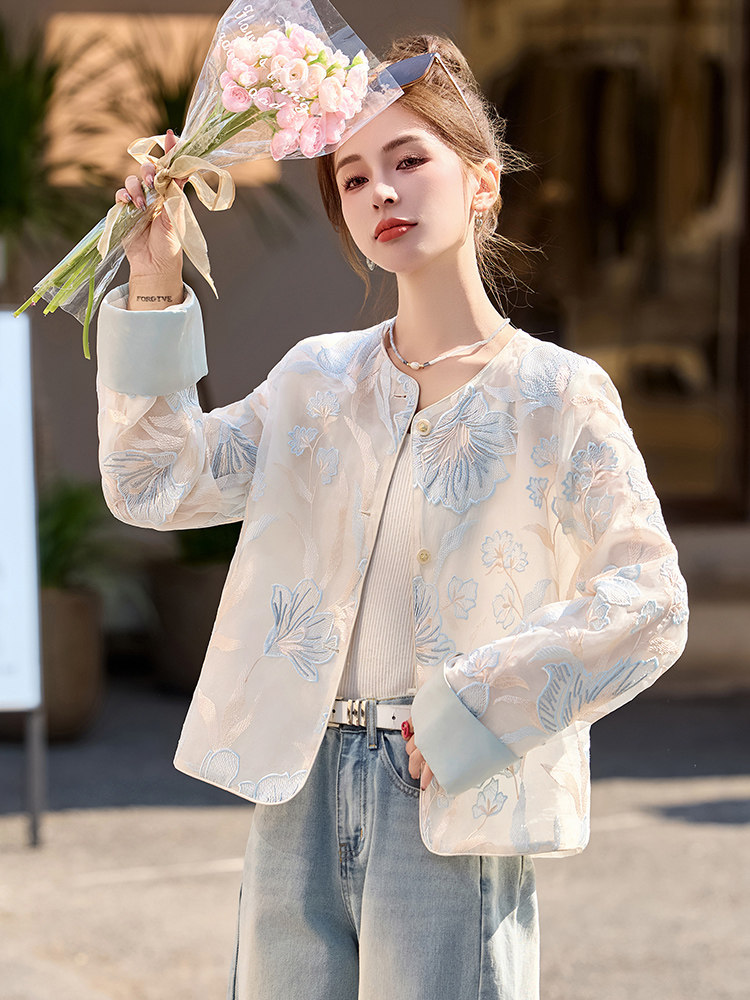国风刺绣薄款防晒衣外套女2025春夏新款减龄休闲百搭圆领开衫上衣,女装短外套,韩宇舍