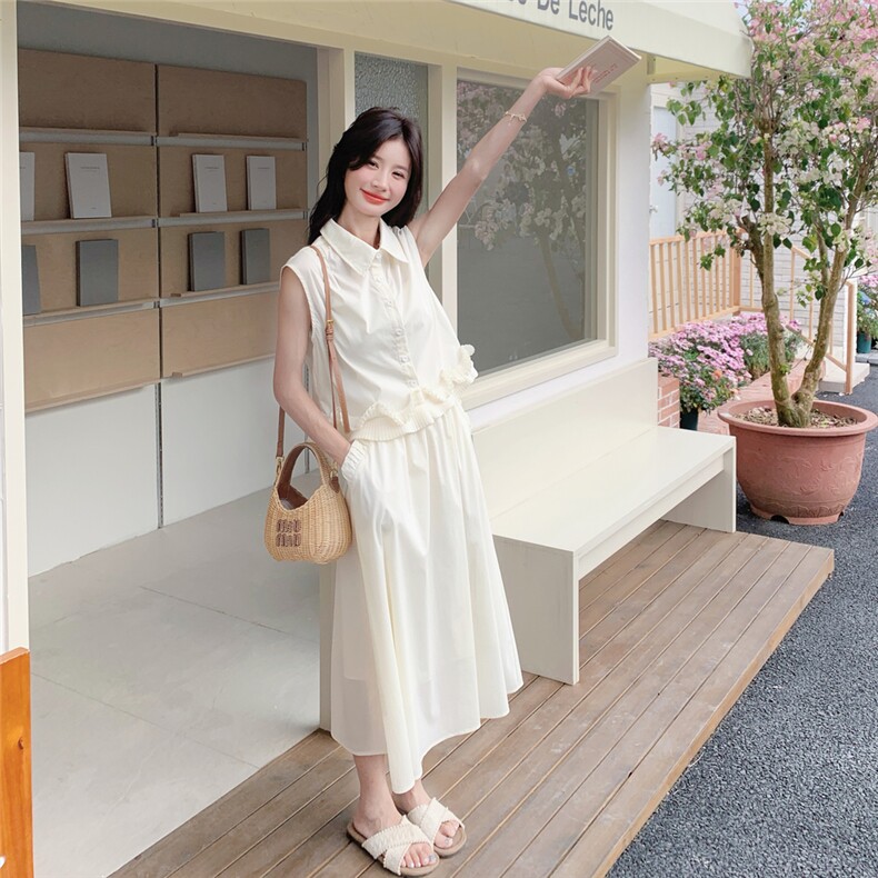 木耳边无袖白色背心上衣阔腿裤套装女夏巨好看流行两件套韩系爆款,女装套装/套裙,2C135