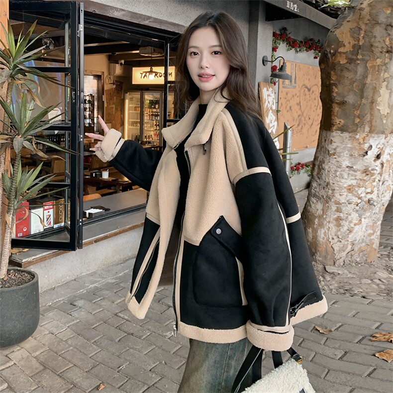 黑色炸街羊羔毛机车服外套女秋冬皮毛一体时尚洋气美拉德毛绒棉服图片