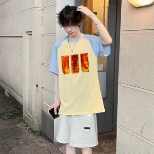 抖音得物高品质二开240克宽松纯棉美式潮牌插肩袖拼接短袖T恤图片