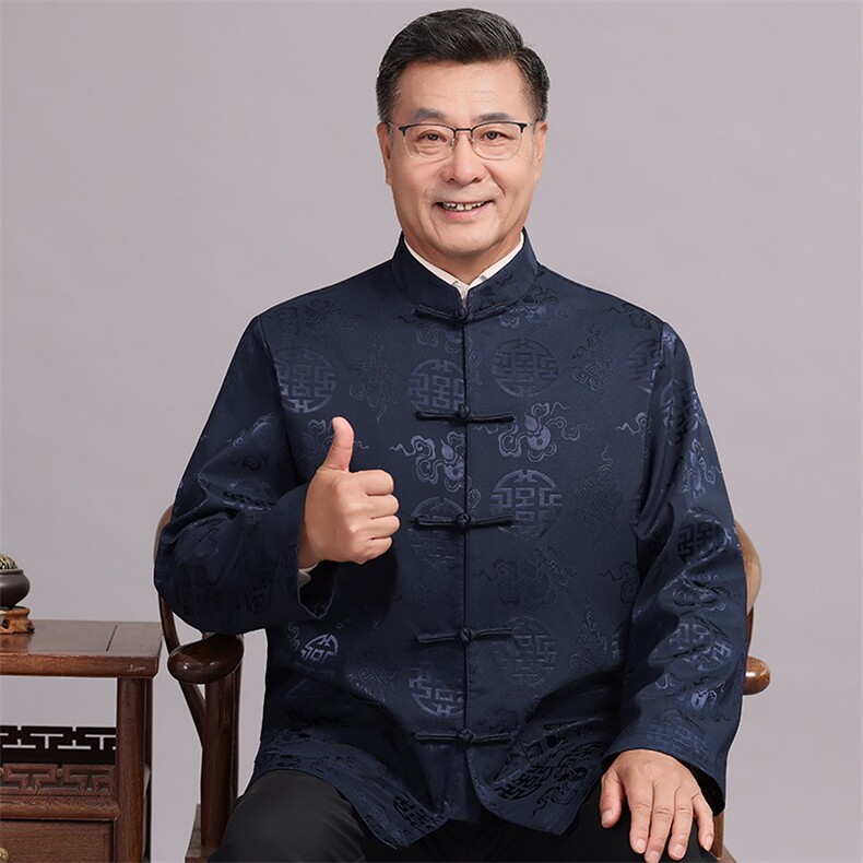 主推春款中老年风唐装外套男中式复古盘扣汉服爷爷过生日外套，男装民族服装，钱塘723