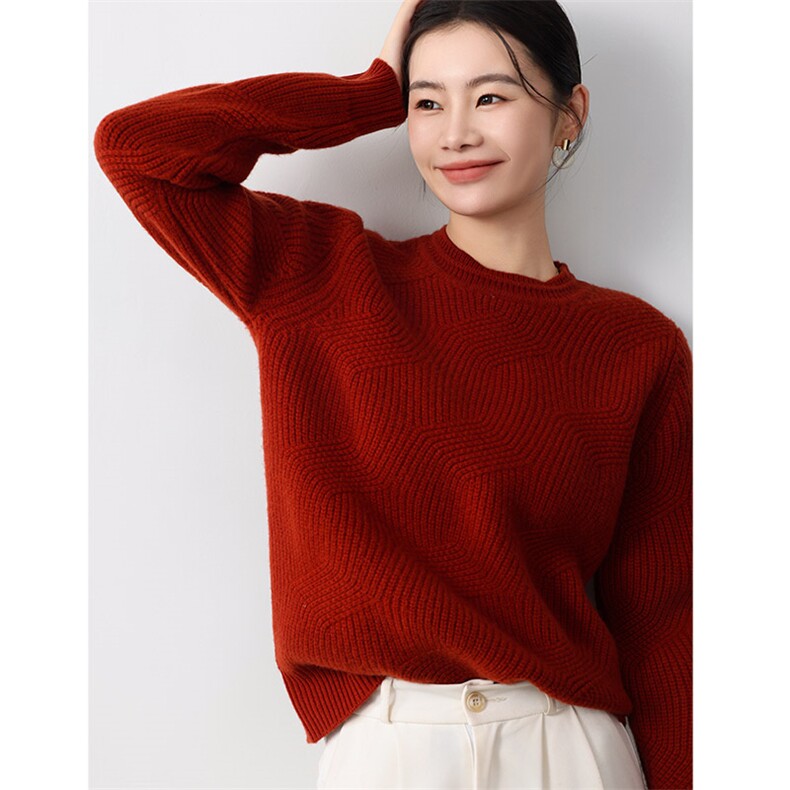 秋冬季新款舒适显瘦时尚百搭5针菱形格圆领羊毛衫,女装羊毛衫,琳尚羊绒