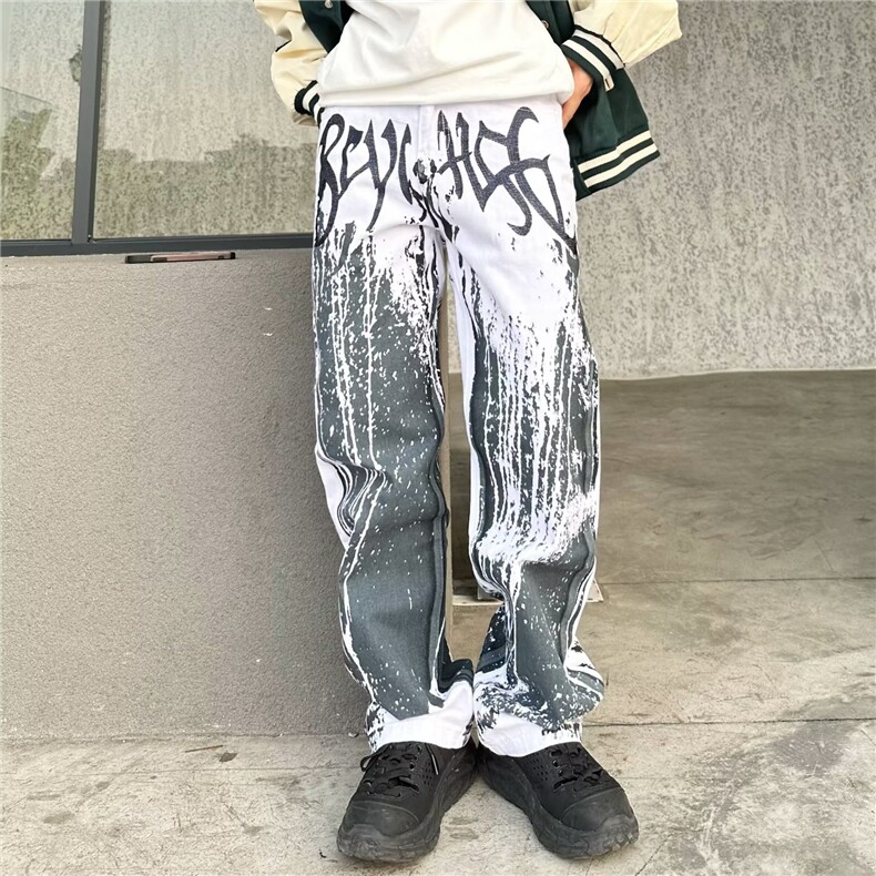 潮流拉链时尚都市牛仔裤流行日系慵懒长裤刺绣泼墨NB27P65,男装牛仔裤,星座1116-2