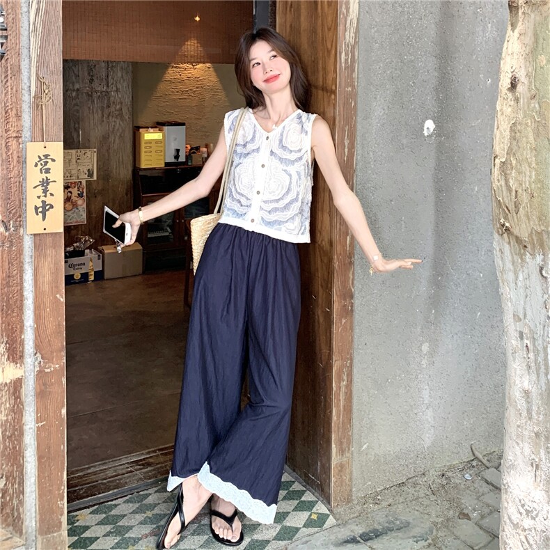 波西米亚镂空刺绣马甲上衣蕾丝拼接阔腿裤套装两件套女夏韩系绝美,女装套装/套裙,2C135
