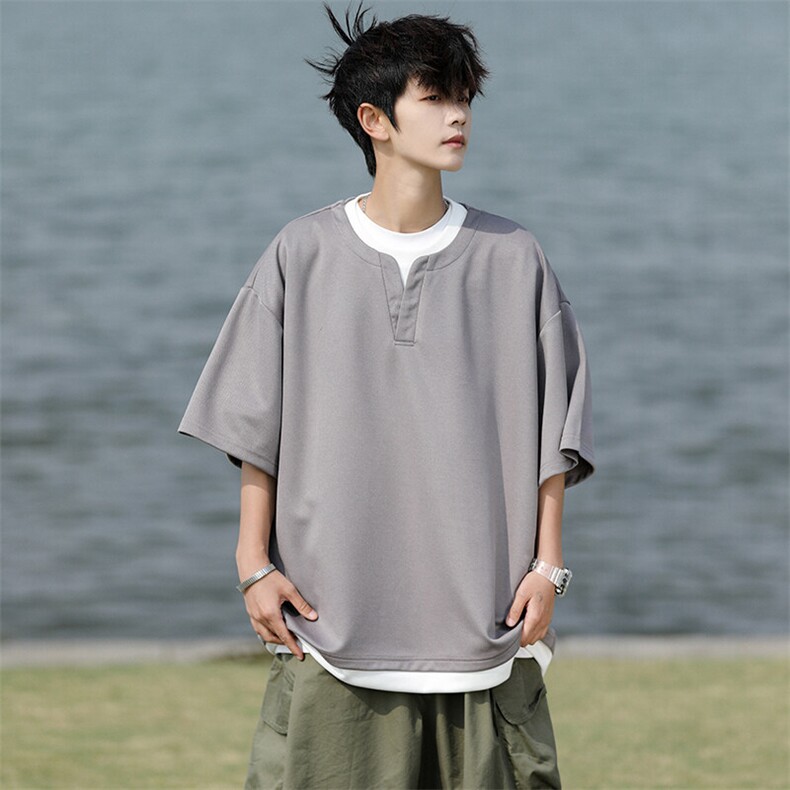 8XL-M重磅斜纹假两件短袖t恤男夏季薄款宽松大码半袖体恤DT006P45,男装T恤,电商B312
