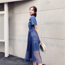 个性拼色中长款短袖连衣裙2023年夏季时尚潮流舒适简约，女装连衣裙，微微衣阁