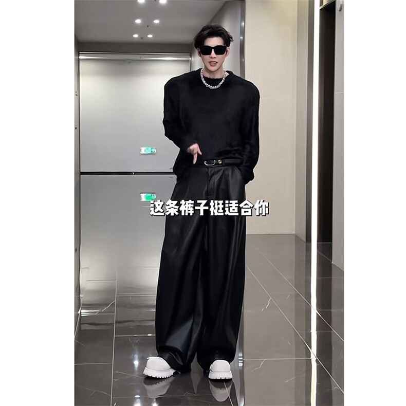 抖音原版面料秋冬潮男阔腿弯刀皮裤宽松长裤K1008-P83(网图），男装皮裤，电商B267