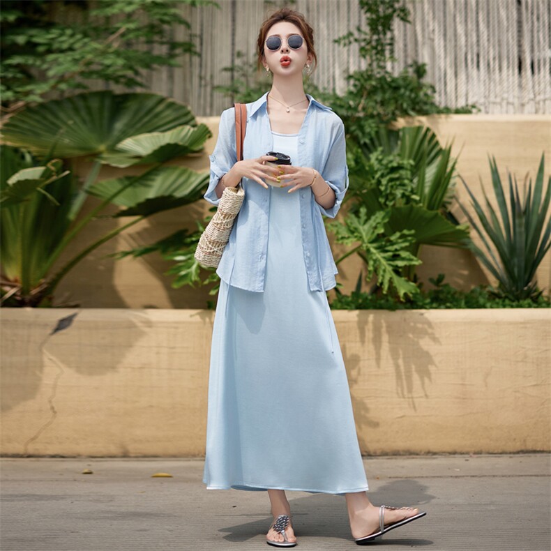 欧洲站2025春夏新款遮肚显瘦天丝收腰衬衫吊带绸缎连衣裙两件套女,女装套装/套裙,意芙