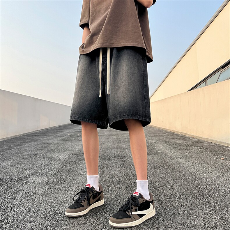 胖胖哥美式复古水洗做旧系带牛仔短裤男夏季大码宽松男生五分裤子,男装牛仔裤,电商A102-1