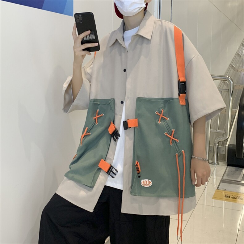 夏季潮流宽松假两件半袖T恤美式工装衬衫潮牌ins短袖W3434-P52,男装衬衫,星座512-2
