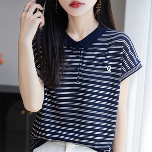 夏季圆领撞色条纹莱赛尔天丝刺绣字母短袖T恤女套头针织半袖上衣图片