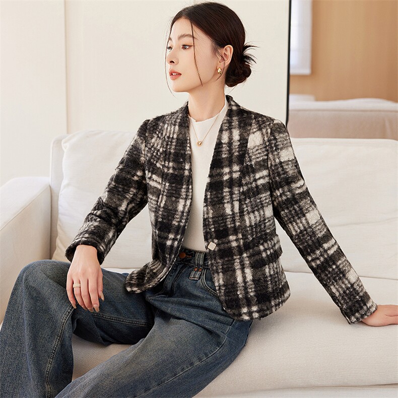 2024秋冬新款小香风毛呢外套女韩版修身西装上衣外搭,女装毛呢外套,婵米儿