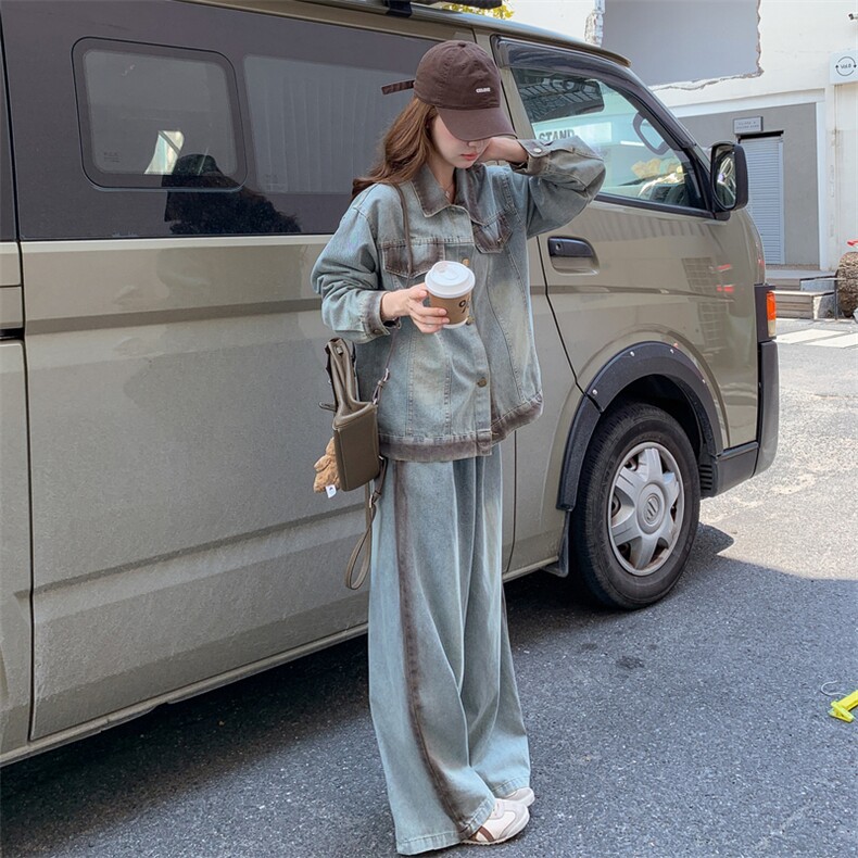 韩系设计感牛仔套装女撞色拼接2025秋季新款设计感上衣长裤两件套,女装套装/套裙,2C283
