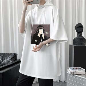 LD54122-P45 连帽短袖t恤男大码胖子带帽五分袖中袖图片