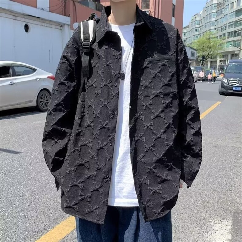 潮牌复古着感男春秋情侣宽松休闲提花衬衫S28P36图片