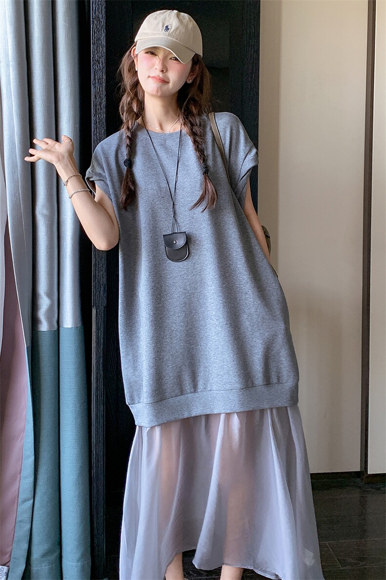灰色针织拼接连衣裙女夏季新款设计感休闲显瘦百搭别致长裙卫衣裙,女装连衣裙,浙宝305