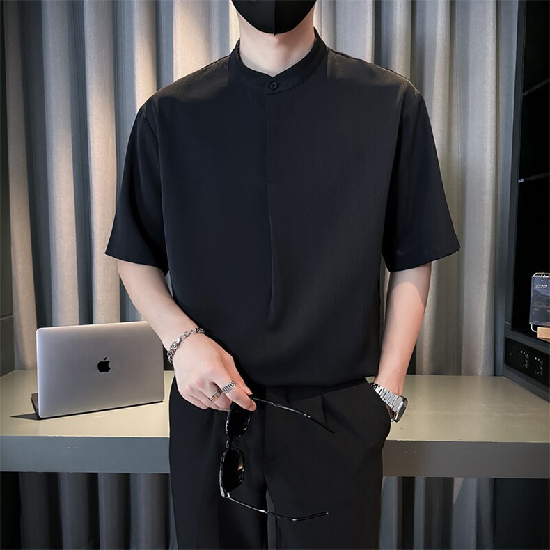 抖音夏季男士七分袖纯色冰丝衬衫男宽松衬衣A236-0855-P55,男装衬衫,电商A236