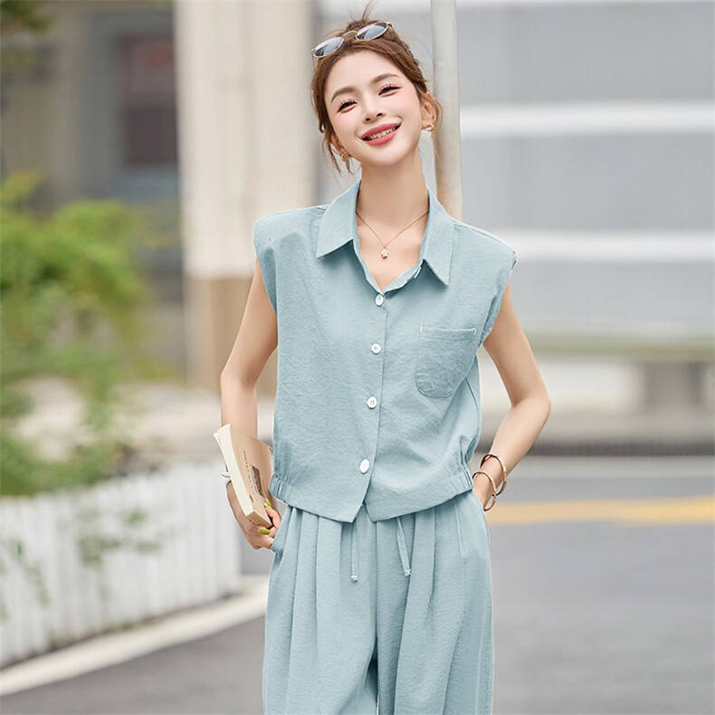 夏日漂亮小套装女2025夏季新款超火减龄黄色穿搭马甲阔腿裤两件套,女装套装/套裙,罗腾