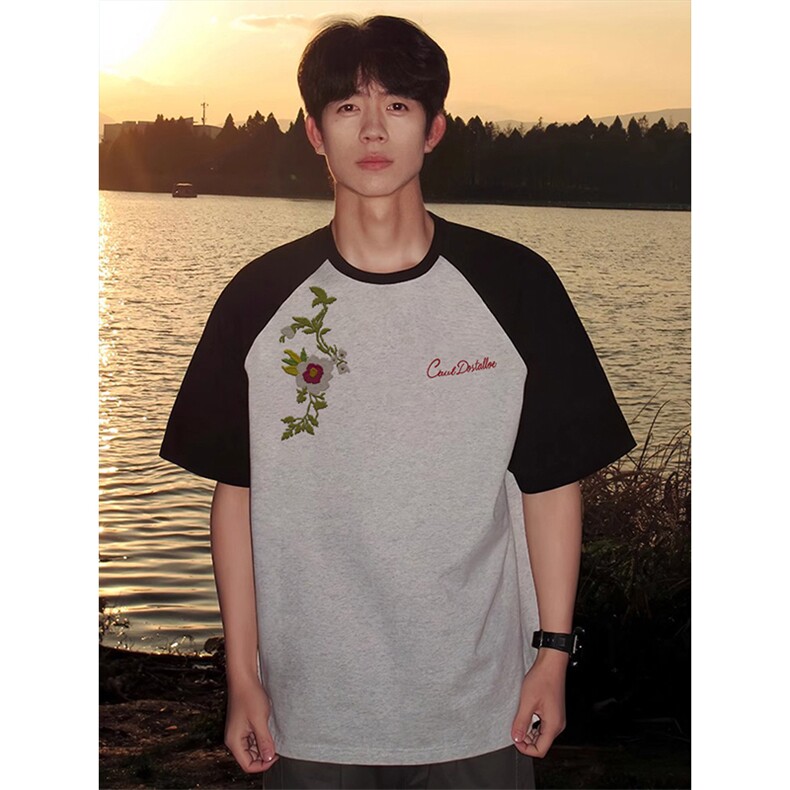 抖音得物高品质二开240克宽松纯棉美式潮牌插肩袖拼接短袖T恤，男装T恤，电商A486-1