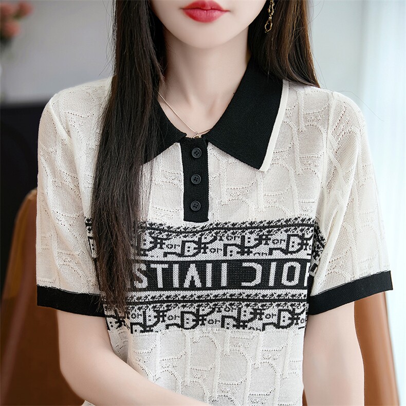 时尚单品~天丝莱塞尔polo领字母提花短袖T恤女宽松翻领针织上衣,女装T恤,羿纯羊绒