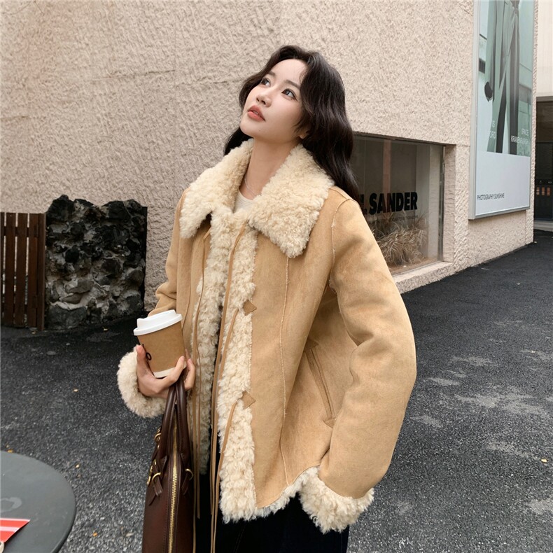 休闲绑带蝴蝶结皮毛一体羊羔毛外套，2B218-2592-P205，控298,女装皮草,2B218