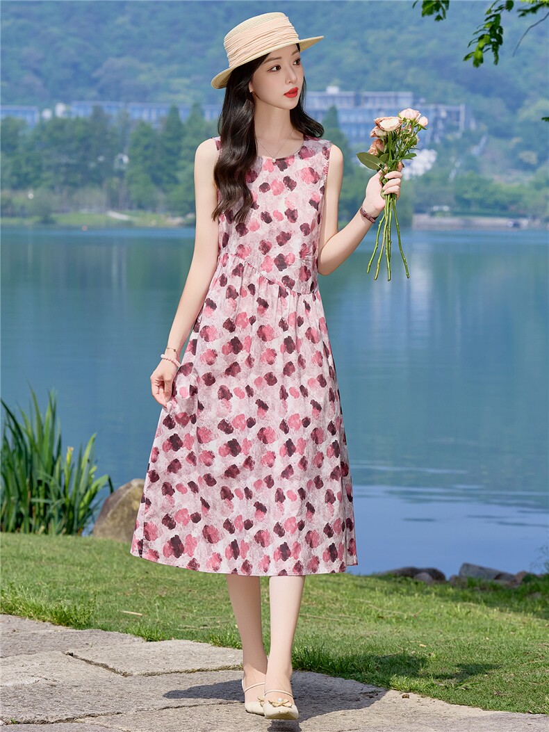 2026无袖花色长款连衣裙棉,女装连衣裙,鑫思依格