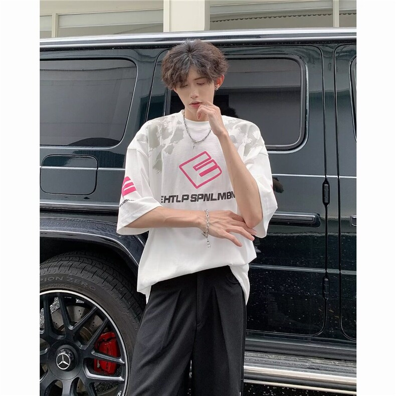 美式街头做脏短袖t恤男夏季新款潮牌宽松字母印花圆领五分袖体恤，男装T恤，星座506