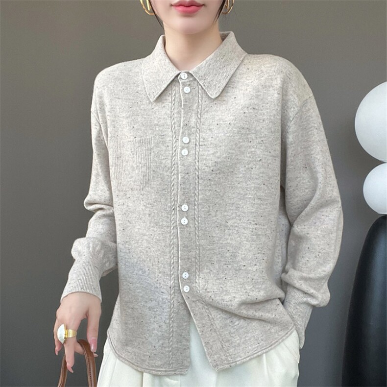 气质polo领排扣羊毛衬衣开衫女秋冬新款宽松大码翻领针织外套,女装羊毛衫,秋虹羊绒