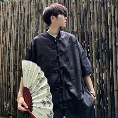 新中式盘扣风唐装短袖衬衫男潮牌夏季宽松休闲衬衣C04521-P40，男装衬衫，星座308B-1