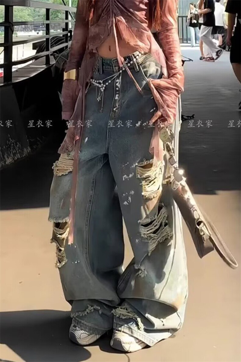美式水洗做旧破洞牛仔裤男春秋直筒宽松欧美高街vibe风情侣长裤,男装牛仔裤,电商A247C