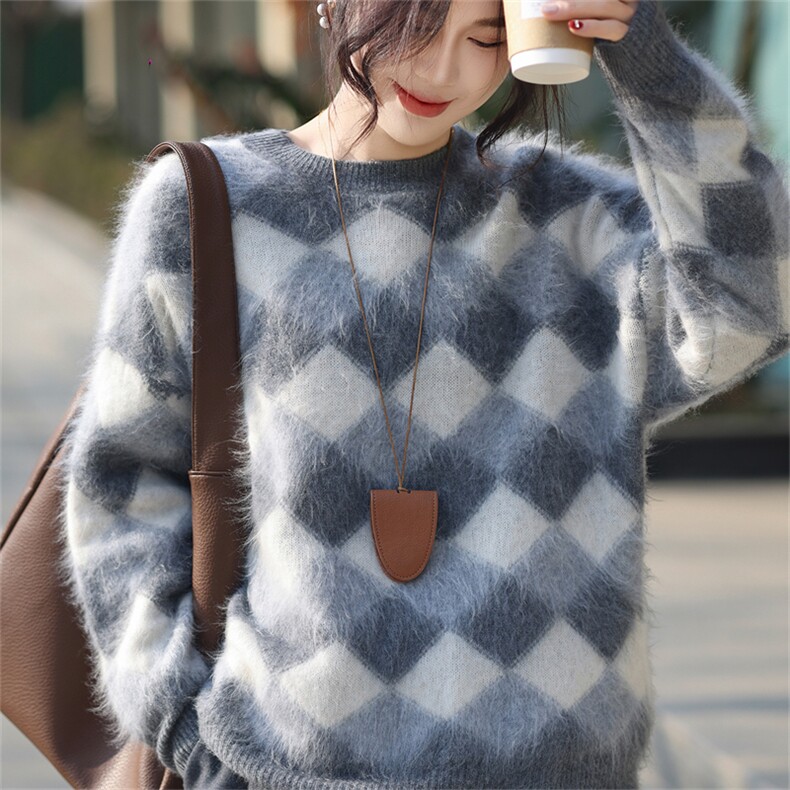 2025年秋季时尚百搭通勤简约休闲小菱形宽松羊毛衫，女装羊毛衫，暮绒羊羊绒