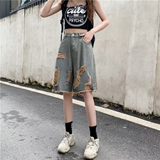 夏季薄款拼色牛仔破洞短裤子女韩版潮流宽松百搭直筒休闲五分中裤，男装牛仔裤，星座506A