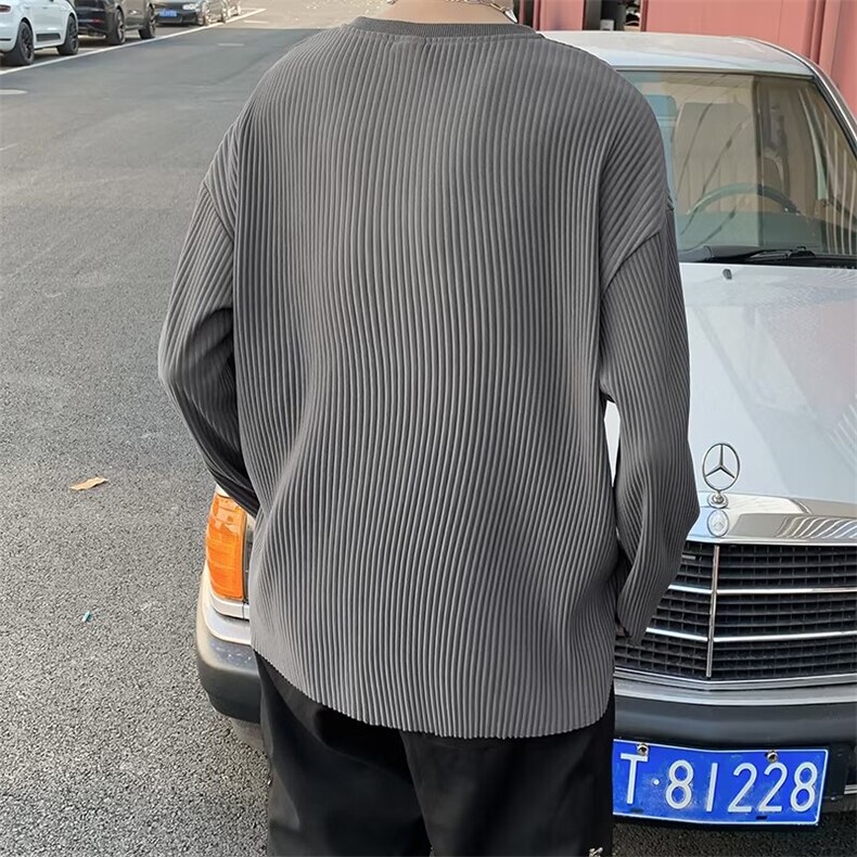 夏季新款港风复古褶皱设计感条纹圆领长袖衬衫男装T恤T253-P35,男装T恤,星座302B-3