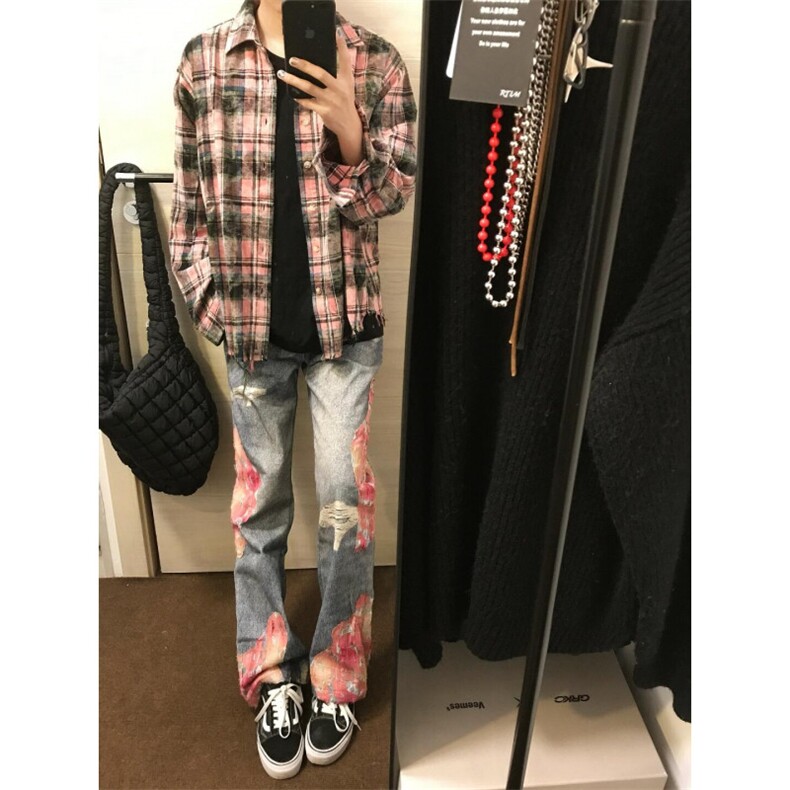 【有货】晚霞蕾丝拼接牛仔裤潮牌美式高街微喇裤子N0077LL-特P55,男装牛仔裤,星座1007（原301D）